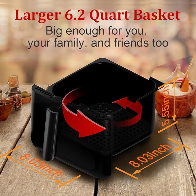 Air Fryer, 6.2QT Air Fryer Oven with LED Digital Touchscreen, 12 Preset Cooking Functions Air fryers, Bake, Reheat, Keep Warm, Nonstick and Dishwasher-Safe Basket, Stainless Steel/Black