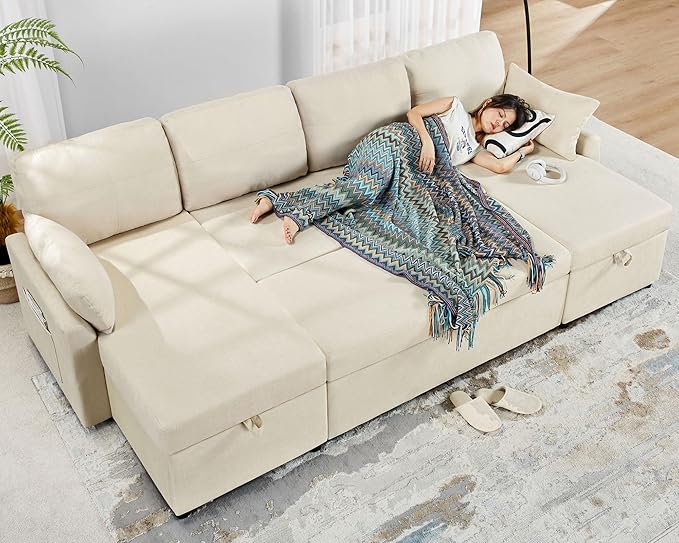 VanAcc Sleeper Sofa, 110 inch Oversize - 2 in 1 Pull Out Bed, Sectional Sleeper Sofa with Double Storage Chaise for Living Room, Beige Chenille Couch