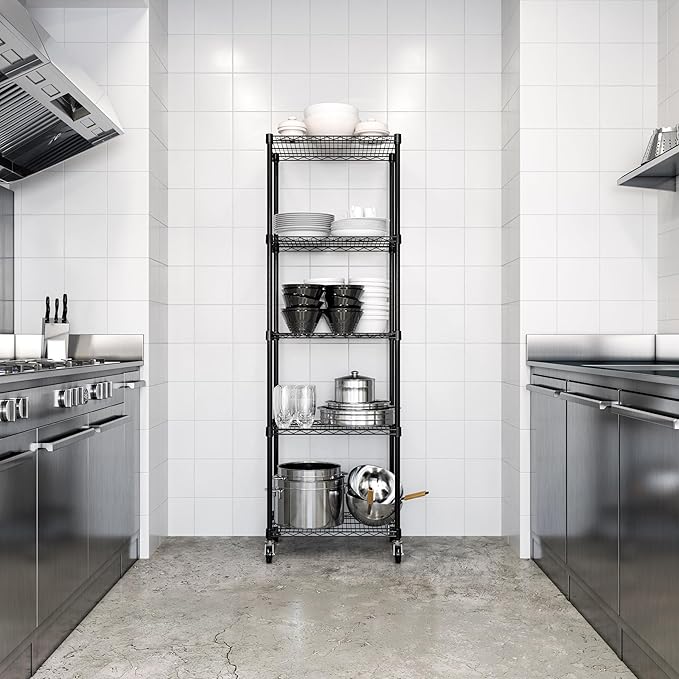 Seville Classics UltraDurable Heavy Duty NSF Solid Steel Wire Rack Storage Unit, Organizer for Garage, Warehouse, Office, Restaurant, Classroom, Kitchen, Black, 5-Tier Shelving, 24" W x 18" D