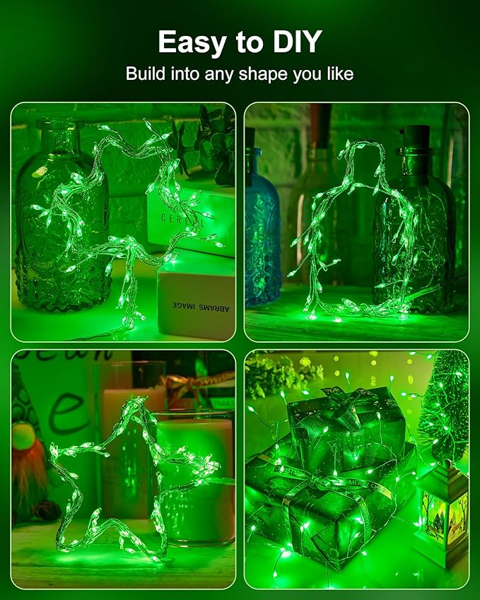 Fairy Lights Battery Operated, Twinkle String Lights Silver Wire 5 Feet 60 Led Firecracker Starry Lights for DIY Wreath Home Wedding Party Bedroom Mason Jar Holiday St. Patrick Decoration, Green