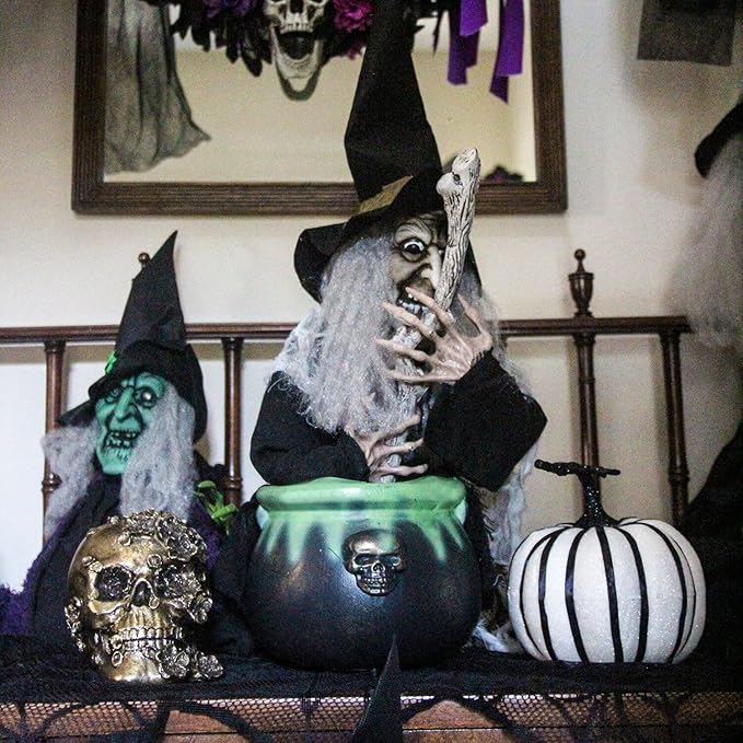 Haunted Hill Farm Scary Talking Witch with Cauldron Halloween Animatronic, Indoor or Covered Outdoor Halloween Decorations with Light up Eyes and Sound, Battery Operated Halloween Props for Home