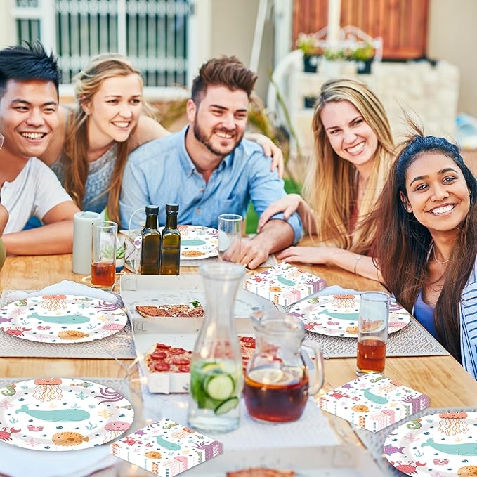 40 pcs summer pool Party Paper Plates and Napkins Disposable Party Decorations White Ocean 9 inch 20 pcs luau tropical Dessert Plates & 20 pcs Napkins Tableware for Fruit Cake