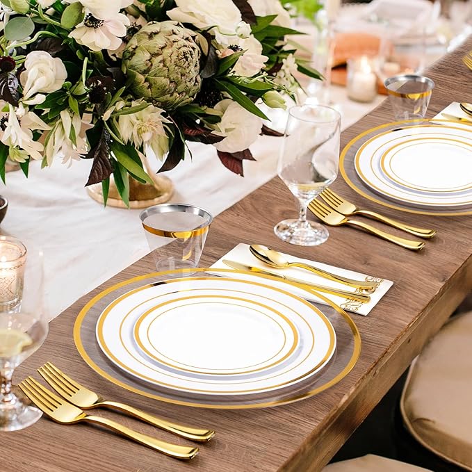 Goodluck 12 Inch Disposable Charger Plates Plastic, 100 Pack Plastic Clear Charger with Gold Rim, Gold Charger Plates for Dinner, Wedding, Party
