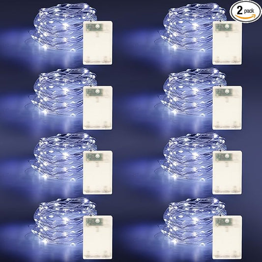 Fairy Lights Battery Operated String Lights 16.4ft 50LED Flashing and Constant Light Waterproof Silver Wire for Christmas DIY Party Bedroom Wedding (White, 8 Pack)