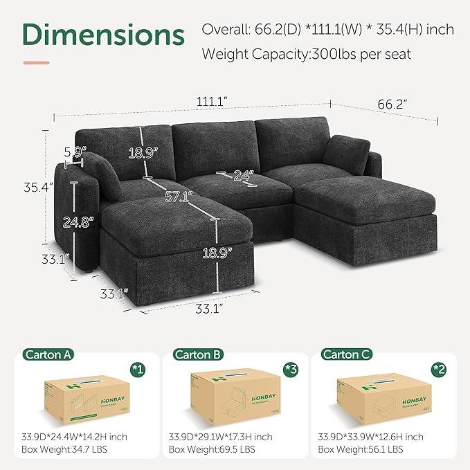 HONBAY Grey Chenille Fabric Modular Sectional Sofa with Storage, U Shaped Sectional Couch for Living Room, 111.10W x 66.20D x 35.40H inches