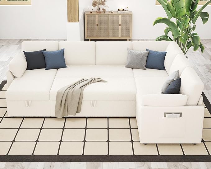 VanAcc Pull Out Sofa, 112 Inch Oversized U Shape Sleeper Sofa Couch with Storage Chaise & 3 Seater, Comfy Couch with Pull Out Bed for Living Room, White Boucle