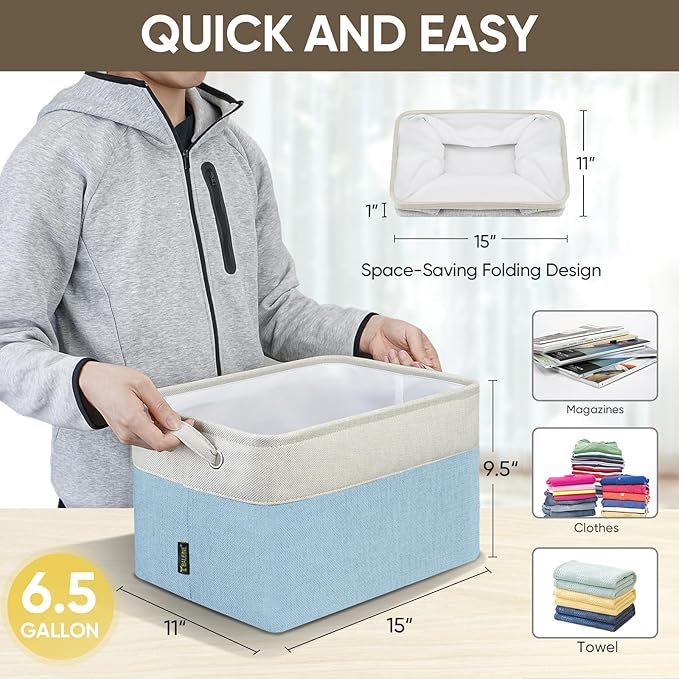 BALEINE 4 Pack Fabric Storage Bins for Shelves, Linen Storage Baskets for Organizing, Decorative Closet Bins for Clothes, Home (Skyblue, 15''x11''x9.5'')