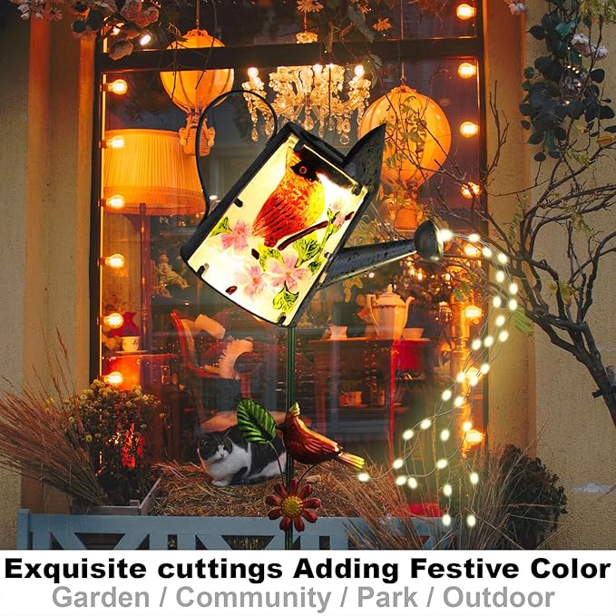Garden Solar Lights Outdoor, Metal Watering Can Garden Stake Lights Cardinal Bird Decor Glass Art for Walkway, Pathway, Yard, Lawn