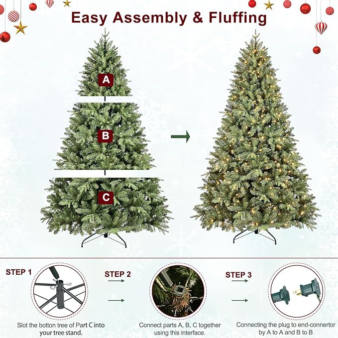 6FT Pre-Lit Artificial Christmas Tree with 1458 PE&PVC Mixed Branch Tips, 400 Warm White Lights, Hinged Premium Spruce Fake Xmas Trees, Green, Foldable Base