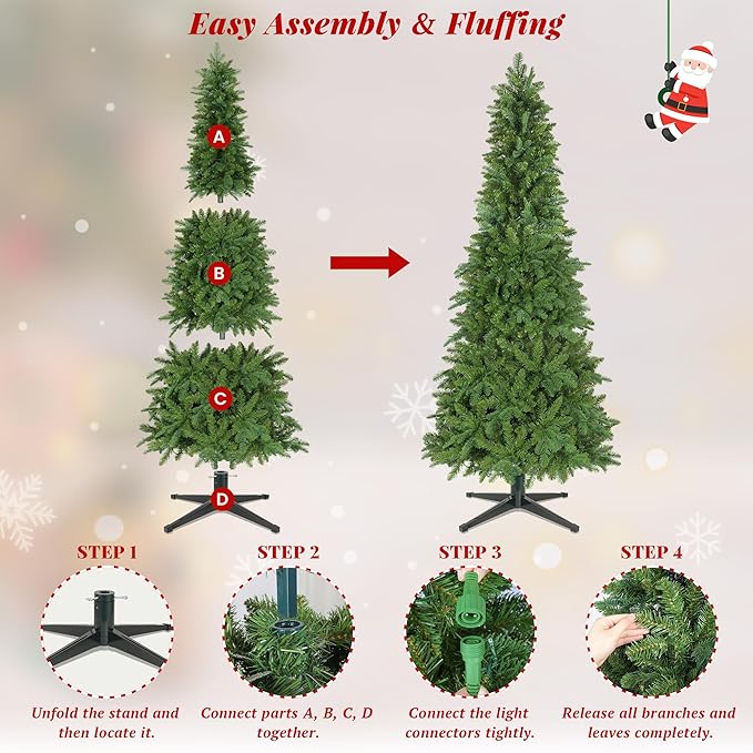 6.5ft Slim Pencil Christmas Tree Pre-lit, Remote Control, Rotating & Foldable Stand, RGB & Warm White Light for Home Decor