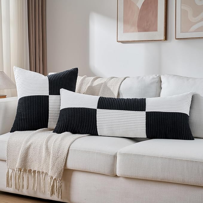 Fancy Homi Set of 2 Black White Lumbar Decorative Throw Pillow Covers 12x20 Inch for Living Room Bedroom Couch Bed Sofa, Soft Striped Corduroy Modern Rectangle Accent Cushion Case 30x50 cm