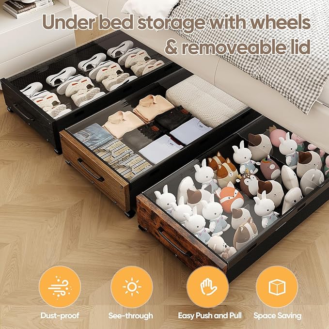 Wooden Under Bed Storage with Wheels, Rolling Under the Bed Storage Bins with Removable Lid, Metal Under Bed Drawers for Clothes and Shoes in Bedroom or Living Room(Walnut Brown-1pack)