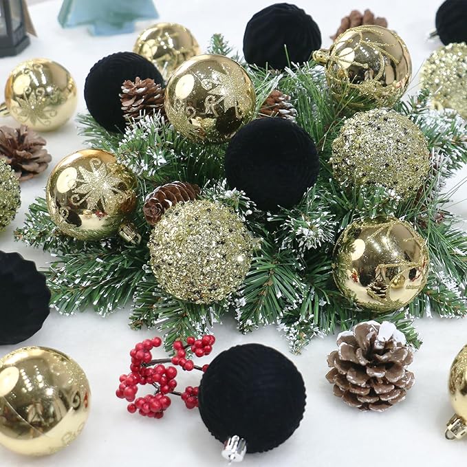 2.36In Velvet Christmas Ball Ornaments, 25PCS Black/Gold Flocked Christmas Tree Hanging Decorations, for Home Holiday Wedding Indoor Xmas Party Decor.