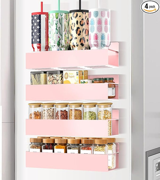 Magnetic Spice Rack Organizer for Fridge Seasoning Organizer for Kitchen Storage With Screw Magnetic Shelf for Oven, RV,Garage,Bathroom (Pink, 4pack)