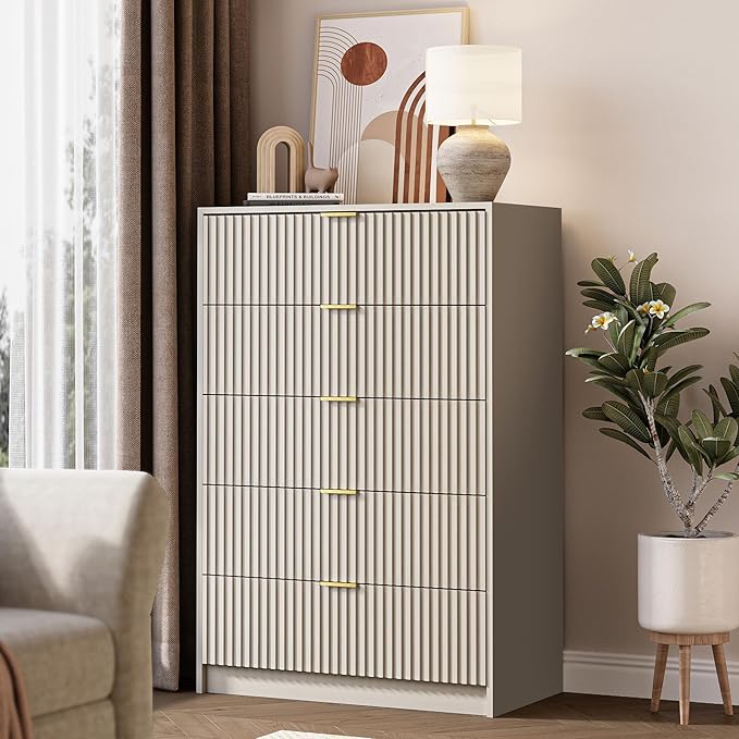 5 Drawer Dresser for Bedroom, Tall Dresser Chest of Drawers with Gold Handles, 32 Inch Wide Nightstand with for Bedroom, Living Rooms, Offices, and Entryways, Beige