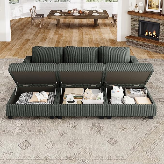 Nolany Corduroy Sectional Couch with Storage Ottoman, Sleeper Sectional Sofa with Chaise, Modular Sectional Couches for Living Room, Green