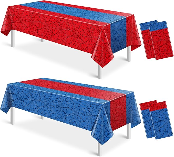 4Pcs Spider Web Themed Birthday Party Tablecloths Decorations,Mix Blue and Red Hero Plastic Table Cover Disposable Rectangle Table Cloth for Baby Shower Kids Boys Birthday Party Supplies,54x108 Inch