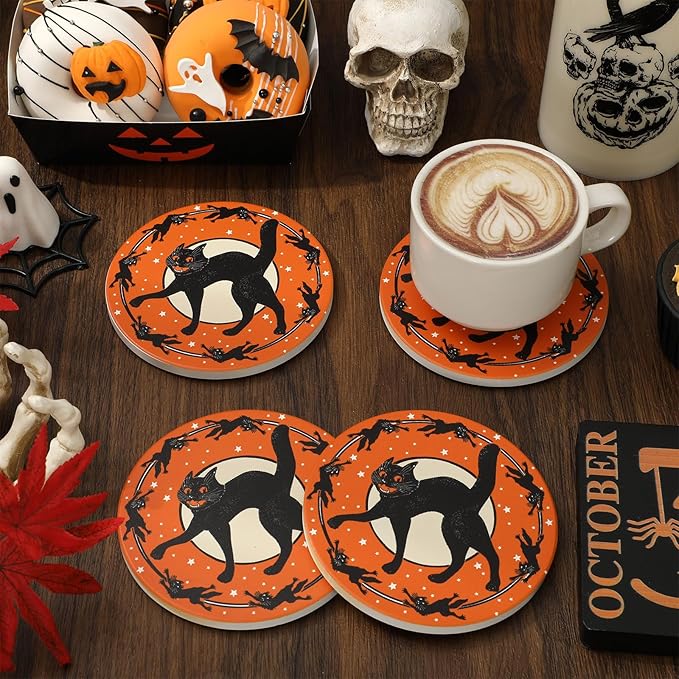 Generic AnyDesign 4Pcs Halloween Coasters Black Cat Ceramic Drink Coasters Vintage Cup Mats for Home Kitchen Table Protection Housewarming Gift