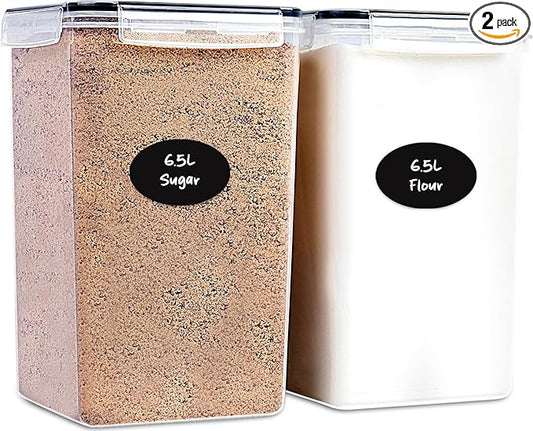 Extra Large Flour and Sugar Storage Containers 6.5L - 220 Fl. Oz 2 Pc Plastic Bulk Airtight Food Storage Rice Containers With Lids - Kitchen Pantry Organizer and Storage Canisters, Marker and Labels