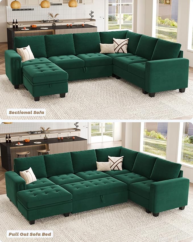 Belffin Modular Sectional Sleeper Sofa with Pull Out Bed U Shaped Sectional Sofa Couch with Storage Ottoman Velvet Covertible 7-Seater Sofa for Living Room Green