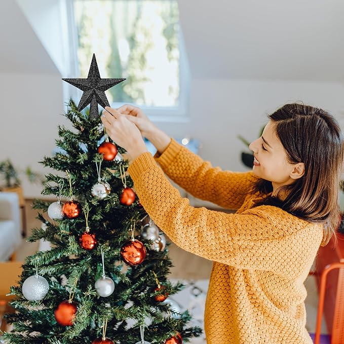 1PCS Christmas Star Tree Topper, 4" Black Christmas Tree Topper Decorations, 3D Glitter Shatterproof Mini Bethlehem Star Tree Decor, Waterproof Christmas Tree Topper for Holiday Indoor Ornament