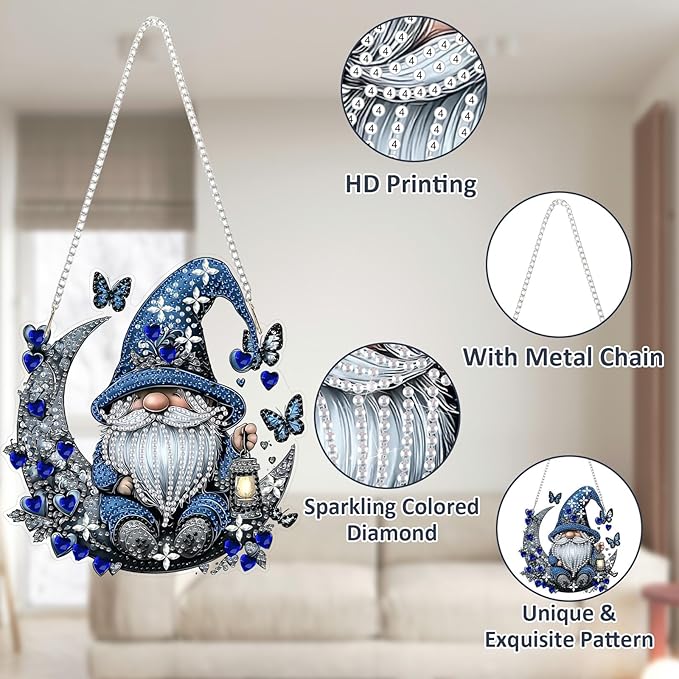 SENQAO Gnome Diamond Art Hanging Kit for Adult, Special Shaped Rhinestone, Double Sided DIY Acrylic Diamond Art Painting Window Pendants Home Garden Wall Hanging Kits Hanging Ornament(Full Moon Love)