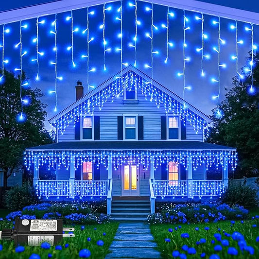 99ft Blue Christmas Lights Outdoor, 1216 LED Icicle Lights for Outside House with Clear Wire 8 Modes Timer, Plug in Waterproof for Home Holiday Eaves Yard Party Tree Room Wall Indoor Decoration