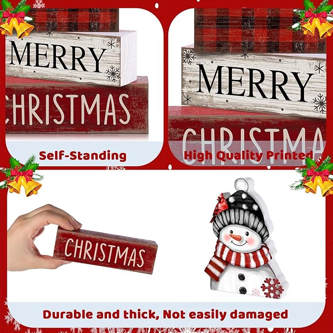 4 Pcs Christmas Table Decoration Wooden Snowman Christmas Tiered Tray Decor Red Buffalo Plaid Block Signs Snowman Table Centerpiece Farmhouse Winter Decoration for Home Kitchen Shelf