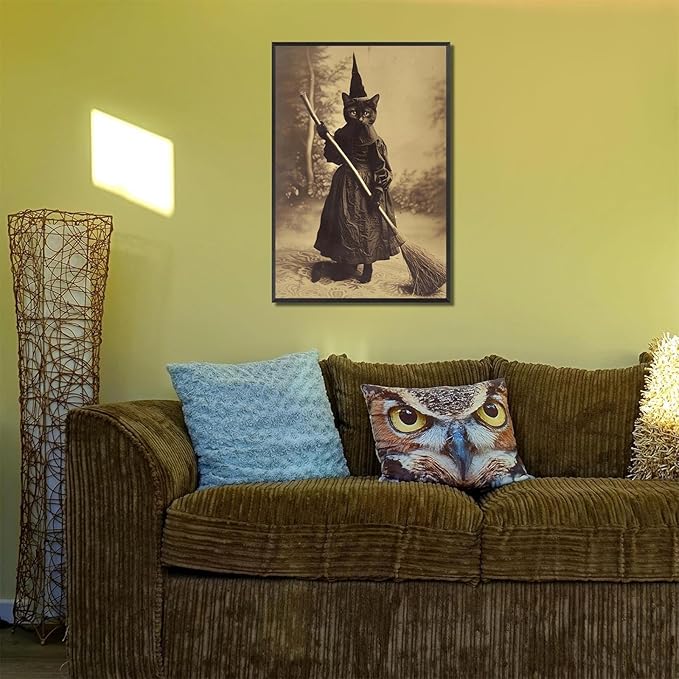 Halloween Decor Posters Black Cat Witch Canvas Wall Art Vintage Spooky Print Of Gothic Room Family Dark Academia Decorations Creepy Picture Poster Aesthetic 16X24inch Aluminum Framed