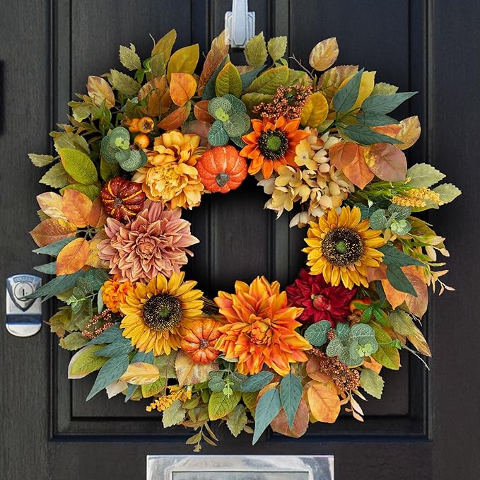 Fall Wreaths for Front Door 24 Inch Autumn Wreath with Sunflowers, Pumpkins Dahlia & Maple Leaves Outdoor Fall Wreath for Thanksgiving, Harvest, Halloween Home Décor