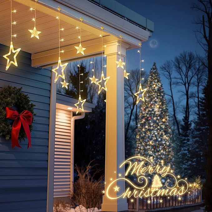 126L Warm White Star Icicle Lights, 8.2FT Clear Curtain Fairy String with Connectable, Timer 8 Modes Memory, Waterproof Hanging for Christmas,Ramadan,Party,Wedding Indoor Outdoor Decorations