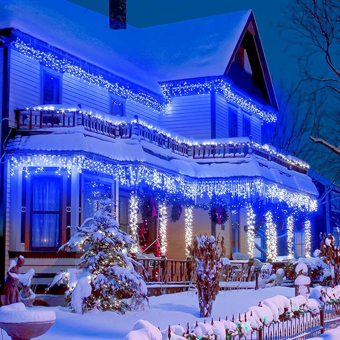 98FT Blue Icicle Lights for Outside, 1216 LED Icicle Christmas Lights with 8 Modes 228 Drops, Curtain Twinkle Lights for Indoor Outdoor Bedroom House Holiday Party Wedding Decorations