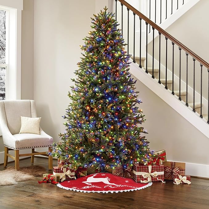 24 Inch Christmas Tree Skirt, Burlap Red Christmas Rustic Tree Skirt with Elk Deer and White Snowflake Printed for Holiday Party Xmas Tree Decoration