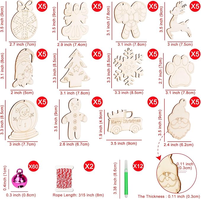 GUDELAK 60PCS DIY Wooden Christmas Ornaments, 12 Styles Christmas Crafts for Kids Adults with Ropes, 60 Bells and 12 Colored Pens, Unfinished Wood Ornaments Making Kit for Christmas Tree Decorations