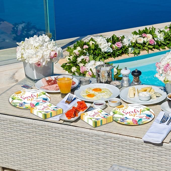 40 Pcs Summer hawaiian Party Dessert Plates and Napkins Sets pool party plates surf up 9" Paper Plates and 6.5" Napkins Party Supplies Tableware Decoration For Birthday Picnic