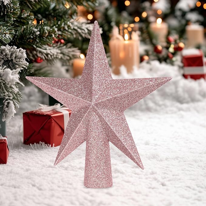 Tree Topper Star, 6" Rose Gold Christmas Star Tree Topper Accessories, Xmas Glitter 3D Bethlehem Tree Topper Ornament, Waterproof Holiday Christmas Tree Topper Star Decor for Home Indoor Outdoor