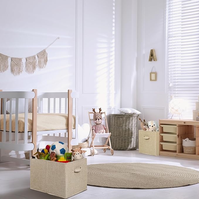 SIMPLE HOUSEWARE 15 x 13 Inch Collapsible Fabric Storage Bin with Handles, 2 Pack, Beige