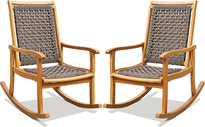 Idzo Wood Wicker Rocking Chair, 400 lbs Capacity, Durable Eucalyptus Wood, Natural Finish, Comfortable Curvy Design, Ideal for Deck, Patio Furniture, Teak Outdoor Furniture, Set of 2