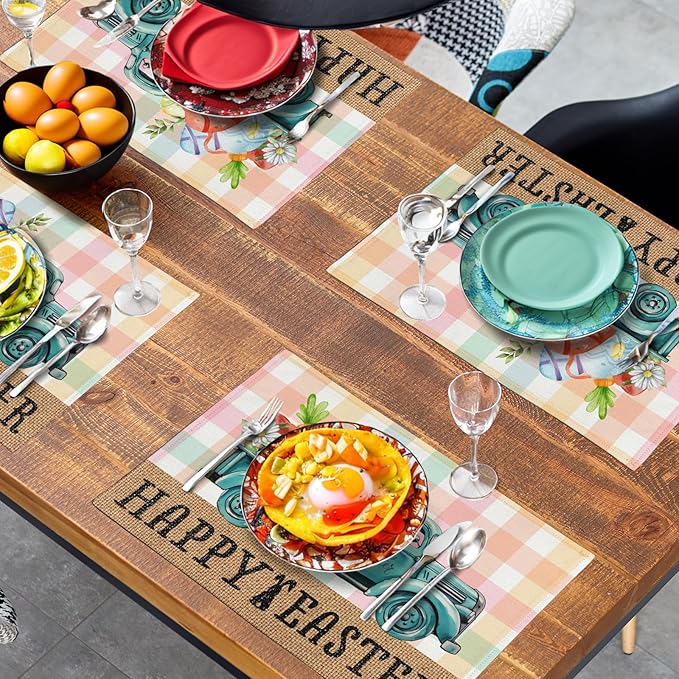 Happy Easter Placemats Set of 4 Pink Yellow Blue Buffalo Plaid Truck Eggs Daisy Easter Table Mats Spring Seasonal Linen Place Mat Washable Place Mats for Party Kitchen Dining Outdoor Indoor Decor