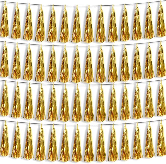 4P Gold Foil Fringe Metallic Tassel Streamers Banner Tassel Garland for Parade Floats, Bachelorette, Wedding, Birthday, Halloween, Christmas, Bridal/Baby Shower Party Decorations