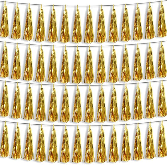 4P Gold Foil Fringe Metallic Tassel Streamers Banner Tassel Garland for Parade Floats, Bachelorette, Wedding, Birthday, Halloween, Christmas, Bridal/Baby Shower Party Decorations