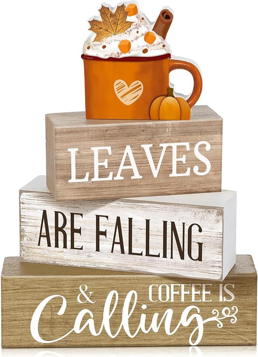 4 Pcs Fall Decorations for Home Thanksgiving Tiered Tray Decor Fall Tabletop Decor Thanksgiving Centerpiece Rustic Wood Hot Cocoa Cup Block Sign for Autumn Table Mantel Decorations