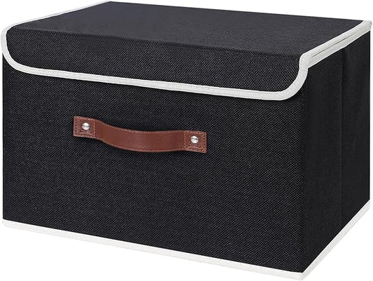 ANMINY Storage Bin with Lid Storage Boxes with PU Leather Handles PP Plastic Board Decorative Foldable Lidded Cotton Linen Fabric Home Cubes Baskets Closet Organizer Container - Black, Large Size