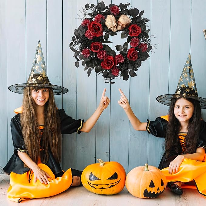 20" Halloween Wreaths for Front Door, Black Eucalyptus Leaves with Glitters, Red Roses, Skull, Gothic Wreath Horror Room Decor