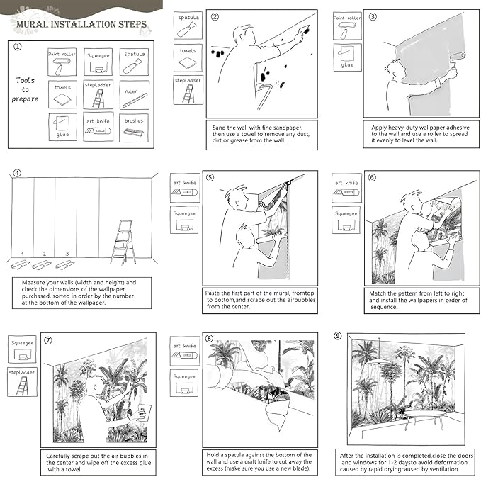 AFZEVEB-Black and White Jungle Wallpaper Hand-Painted Tree Wall murals for Bedroom 114"x74" (Not Peel and Stick)