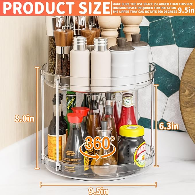 2 Tier Lazy Susan Turntable for Cabinet,Countertop,Pantry,9.5"W Spinning Seasoning Organizer,Double Rotating Kitchen Spice Rack Organizer and Condiments,Medicine,Vitamin Bottle Organizer Carousels,2Pc