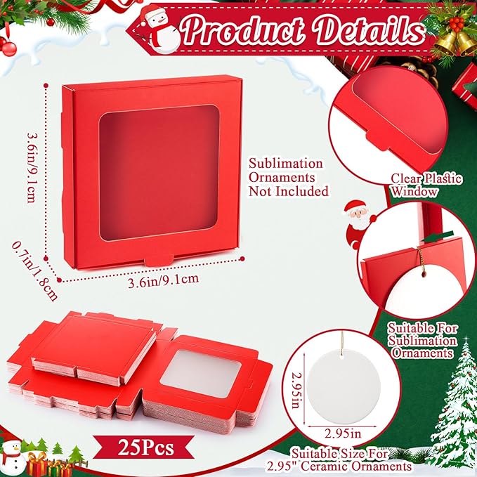 25 Pcs Sublimation Ornament Blanks Box 3.6"x3.6"x0.7" Christmas Ornaments Holder Ceramic Discs Packaging Box with Window for Personalized Xmas Tree Blanks Bulk (Red)