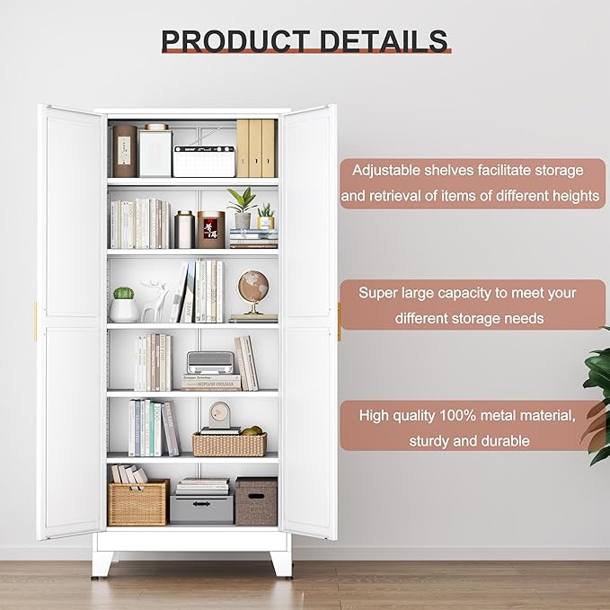 Kitchen Pantry Storage Cabinet with Doors and Adjustable Shelves, Metal ClosetMaid Food Pantry Cabinets, 75" Tall Freestanding Cupboard for Kitchen, Laundry or Utility Room, White