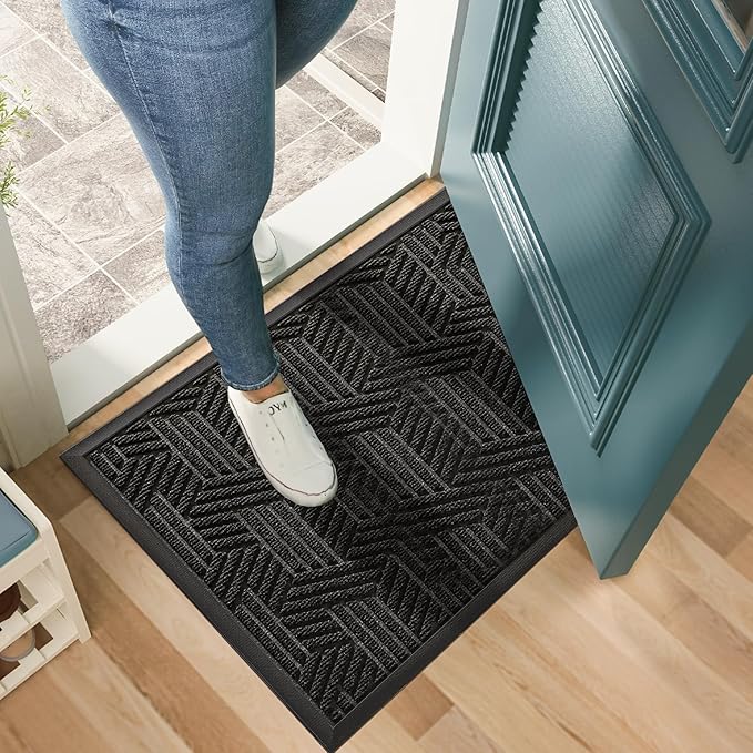 Mibao Front Door Mat Outside Entrance, Durable Outdoor Indoor Mat, Low Profile Heavy Duty Doormat, Non-Slip, Traps Dirt and Moisture, Easy Clean Patio Porch Entryway Mat, 29.5" x 17", Black