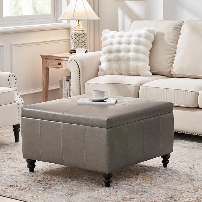 HUIMO Square Leather Storage Ottoman,Ottoman Coffee Table with Storage for Living Room (Taupe)